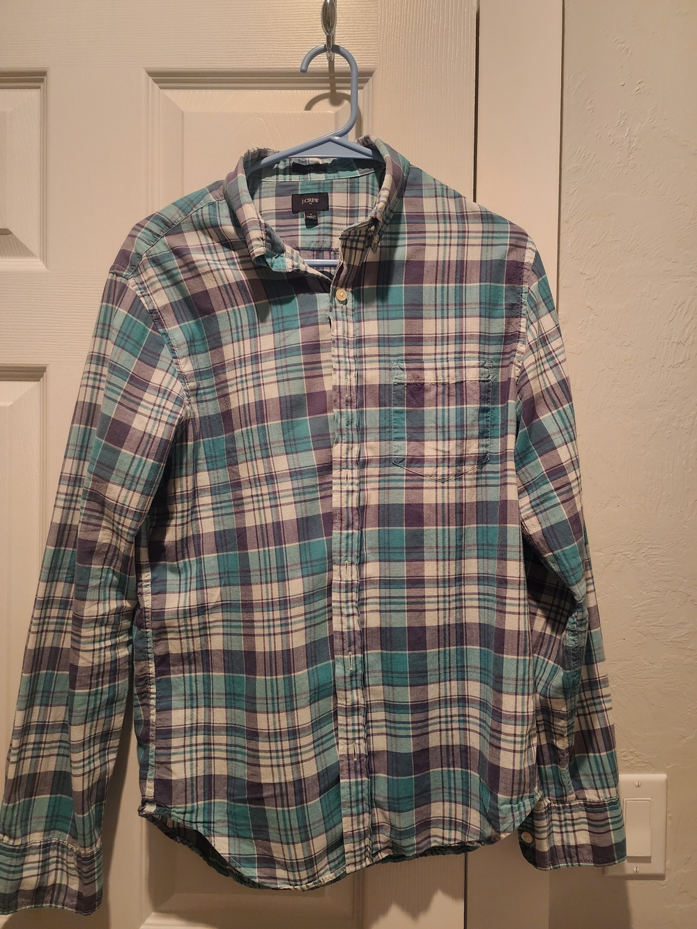 J. Crew Men’s Plaid Button-Down Shirt in Teal & Purple